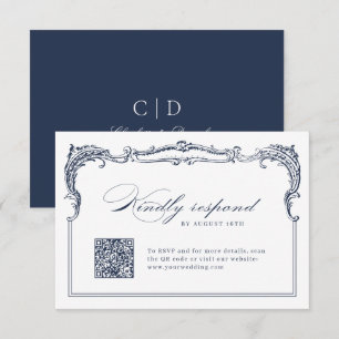 Cartons Réponse Cadre vintage Navy Script Classique QR code mariag