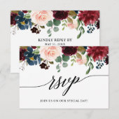 Cartons Réponse Calligraphie Burgundy Blue Floral Mariage (Devant / Derrière)