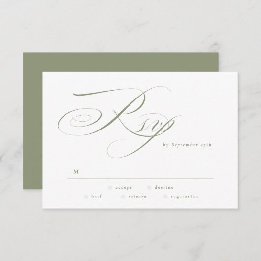 Cartons Réponse Calligraphie classique élégante Sage Mariage vert (Devant / Derrière)
