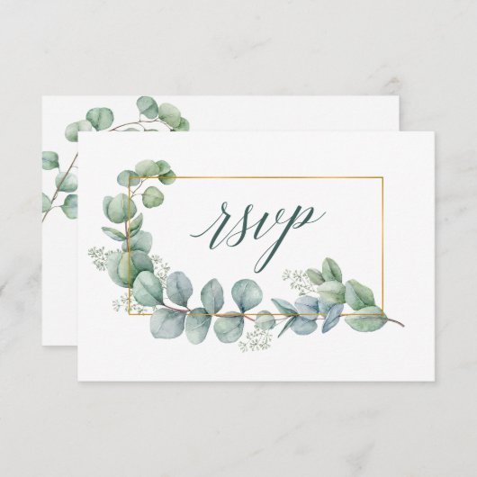 Cartons Réponse Calligraphie Eucalyptus Green Mariage Gold Frame (Devant / Derrière)