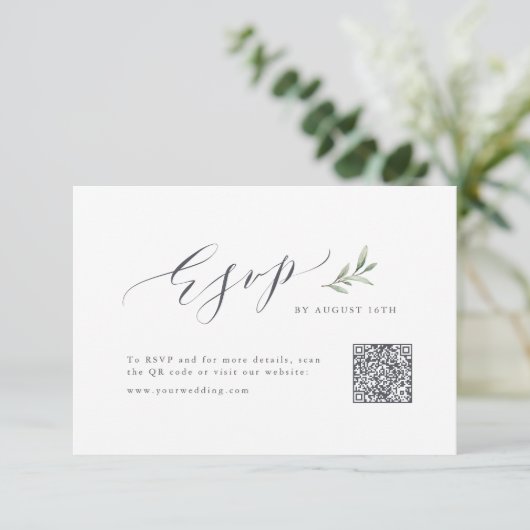 Cartons Réponse Calligraphie simple vert rustique mariage code QR (Debout devant)