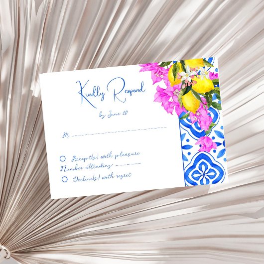 Cartons Réponse Carreaux bleus Bougainvillea citrons mariage éléga