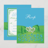 CARTONS RÉPONSE CARTE-RÉPONSE RUBAN IMPRIMÉ CŒURS FLORAUX BLEU VER (Devant / Derrière)