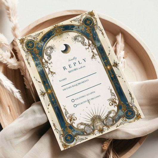 Cartons Réponse Celestial Art Nouveau Blue Gold Wedding