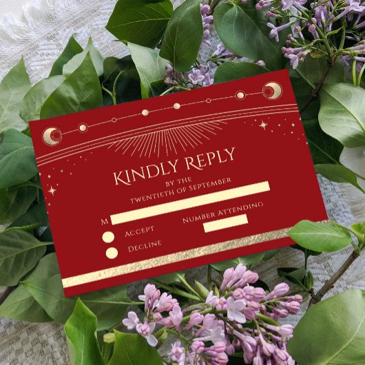 Cartons Réponse Celestial Rouge foncé Or Soleil Lune Étoiles Maria