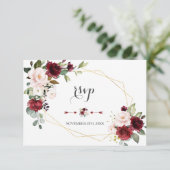 Cartons Réponse Charm Bourgogne Blush Flowers Gold Frame Mariage (Debout devant)
