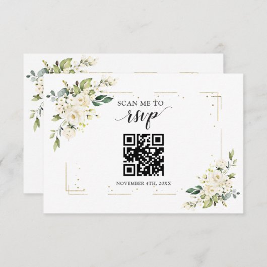 Cartons Réponse Charme Blanc Floral Or QR Code Mariage (Devant / Derrière)