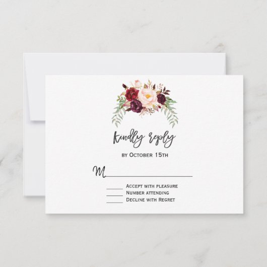 Cartons Réponse Charme Burgundy Red Marsala Floral Écriture Manusc (Dos)