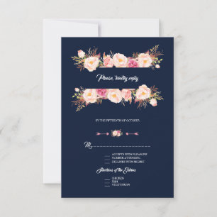 Cartons Réponse Charme rose Floral Cadre bleu marine Mariage