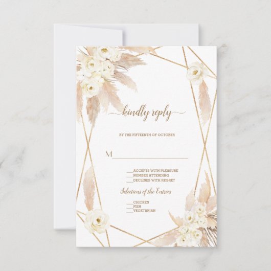 Cartons Réponse Charme Roses Blanches Pampas Grass Mariage Or (Devant)