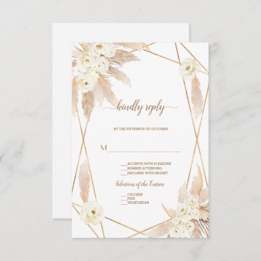 Cartons Réponse Charme Roses Blanches Pampas Grass Mariage Or (Devant / Derrière)