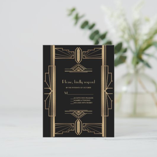 Cartons Réponse Charming Roaring 20's Gold Black Art Déco Mariage (Debout devant)