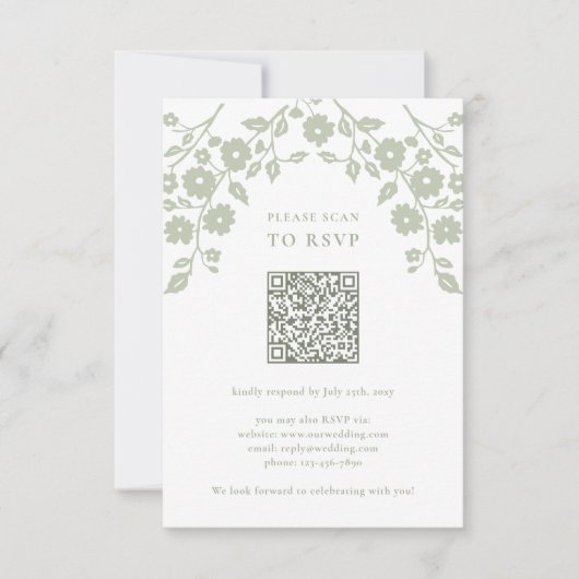 Cartons Réponse Charming Sage Green Folk Flowers QR Code (Devant)