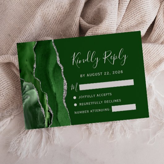 Cartons Réponse Chasseur de mariage vert argenté Agate