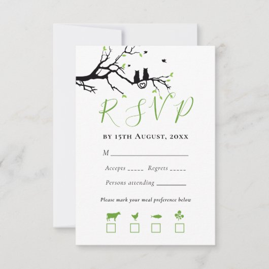 Cartons Réponse Chats mignons en amour Noir Arbre Coeur Oiseaux Ma (Devant)