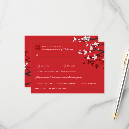 Cartons Réponse Cherry Blossoms double bonheur Mariage chinois (Devant/Arrière en situation)