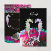 Cartons Réponse CHEVAUX DE MER MARIAGE RSVP, bleu rose noir (Devant / Derrière)