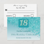 Cartons Réponse Chic 18 Anniversaire Turquoise Parties scintillant (Devant / Derrière)