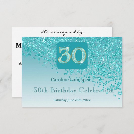 Cartons Réponse Chic 30 Anniversaire Turquoise Parties scintillant (Devant / Derrière)