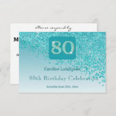 Cartons Réponse Chic 80 Anniversaire Turquoise Parties scintillant (Devant / Derrière)
