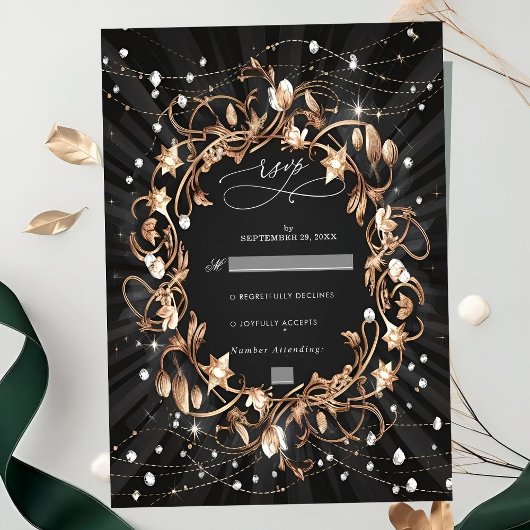 Cartons Réponse Chic Black Ornate or Feuille Mariage