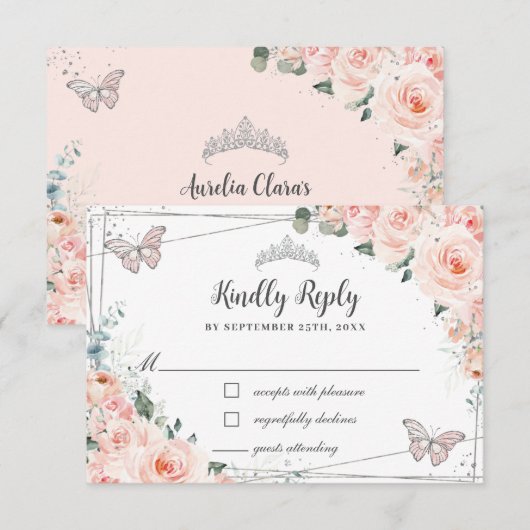 Cartons Réponse Chic Blush Floral Silver QUINCEAÑERA Papillons (Devant / Derrière)