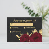 Cartons Réponse Chic bordeaux et or noir mariage botanique (Debout devant)