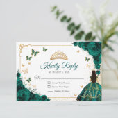 Cartons Réponse Chic Emerald Green Roses Gold Quinceanera Reply (Debout devant)