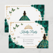 Cartons Réponse Chic Emerald Green Roses Gold Quinceanera Reply (Devant / Derrière)