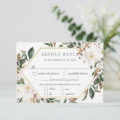 Cartons Réponse Chic Ivory Magnolia Floral Greenery Repas Mariage (Debout devant)