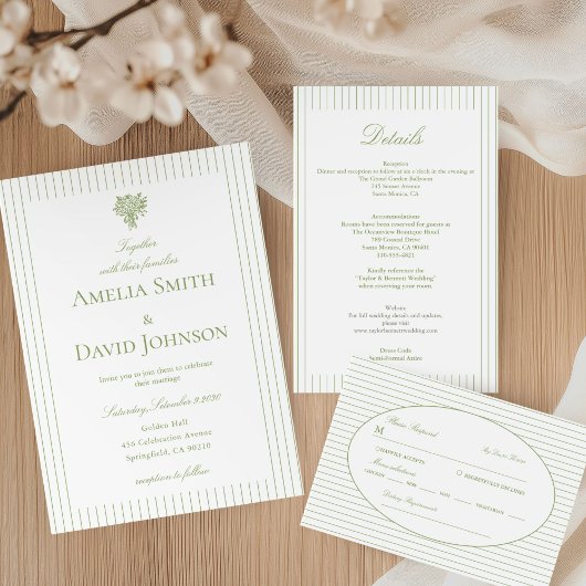 Cartons Réponse Chic Minimalist Stripe Green Wedding 