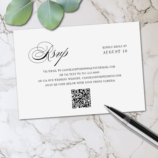 Cartons Réponse Chic noir blanc romantique Script QR Code Mariage