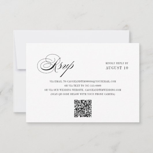 Cartons Réponse Chic noir blanc romantique Script QR Code Mariage (Devant)