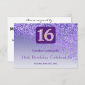 Cartons Réponse Chic Parties scintillant violette, Seize Anniversa (Devant / Derrière)