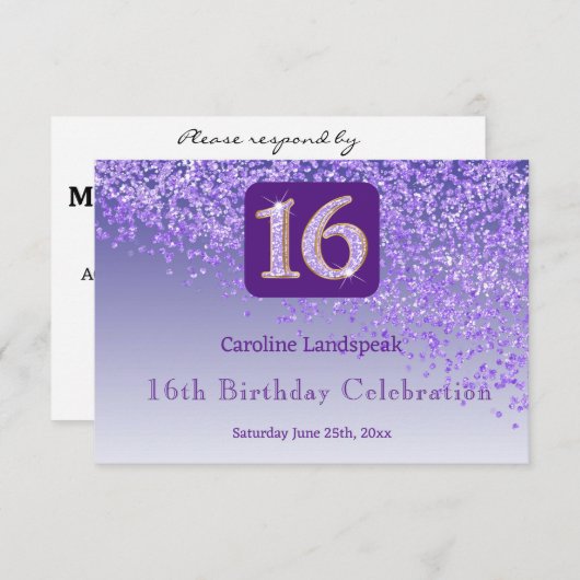 Cartons Réponse Chic Parties scintillant violette, Seize Anniversa (Devant / Derrière)