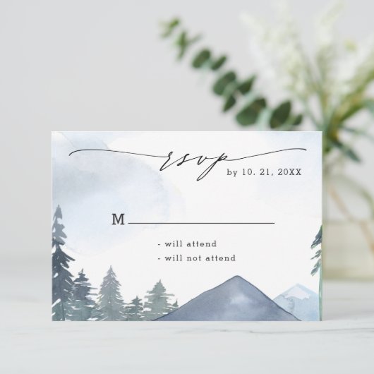 Cartons Réponse Chic Script Ardoise Blue Mountains Mariage de forê (Debout devant)