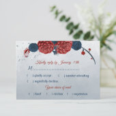 Cartons Réponse choix de repas bleu marine et fleurs rouges (Debout devant)