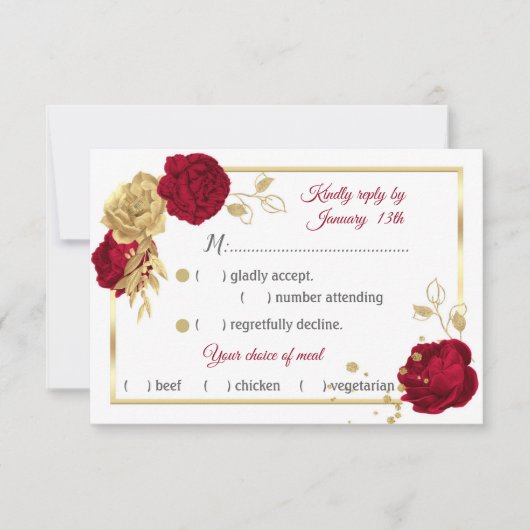 Cartons Réponse choix de repas géométrique fleurs bordeaux et or (Devant)