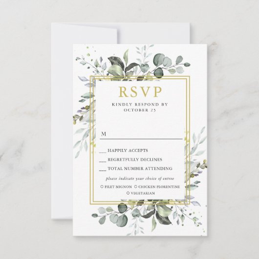 Cartons Réponse CHOIX DE REPAS Simple Élégant Mariage Eucalyptus (Devant)