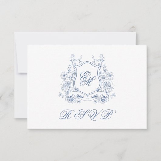Cartons Réponse Cimier Floral Bleu Monogramme Mariage élégant (Devant)