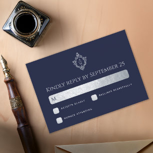 Cartons Réponse Cimier Mariage Monogramme Marine Blue Faux Silver 