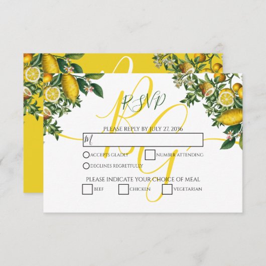 Cartons Réponse Citron jaune rustique et feuillage Mariage de verd (Devant / Derrière)