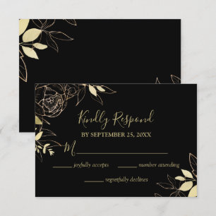 Cartons Réponse Classic Black & Gold Peony Moderne Floral Mariage
