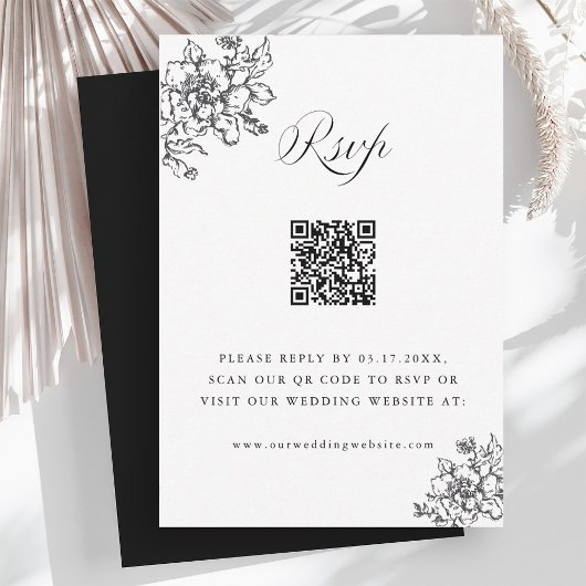 Cartons Réponse Classic Bloom Garden Mariage noir et blanc QR Code