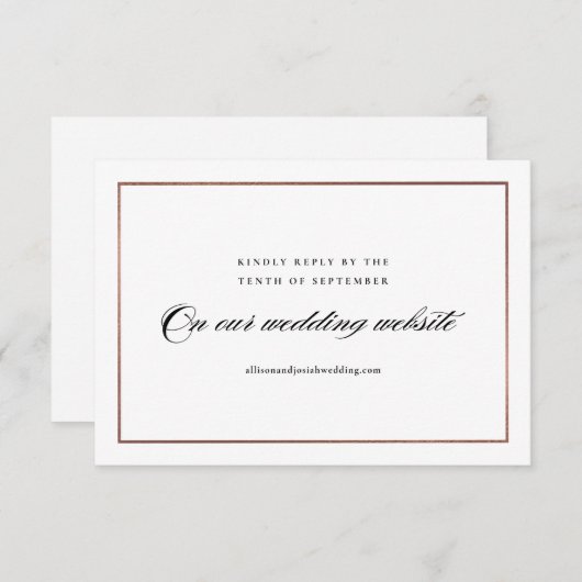 Cartons Réponse Classic Elegant Script Rose Gold Mariage site Web (Devant / Derrière)