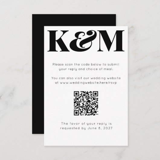 Cartons Réponse Classic noir Monogramme Mariage QR Code en ligne (Devant / Derrière)