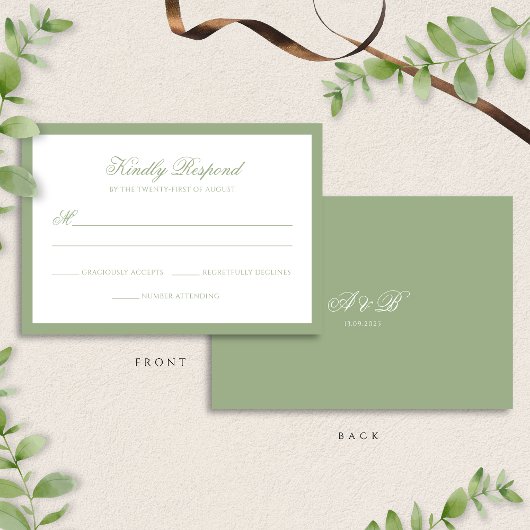 Cartons Réponse Classic Sage Green Border Monogram Script Wedding