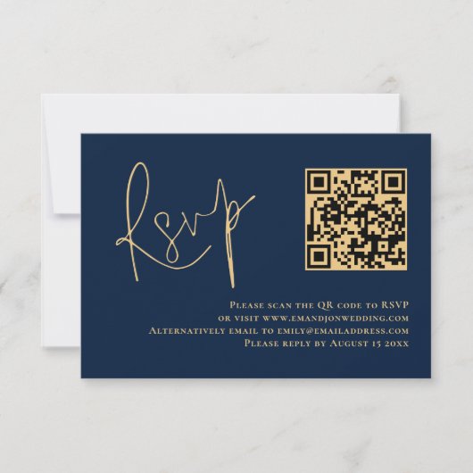 Cartons Réponse Classy Gold Script Marine Bleu QR Code Mariage RSV (Devant)