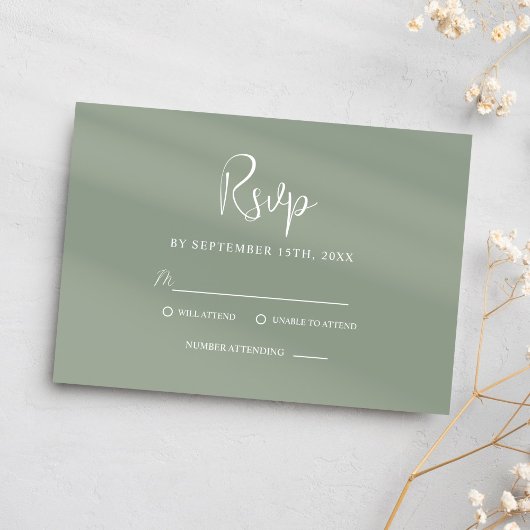 Cartons Réponse Classy Sage Green Script Moderne Mariage élégant