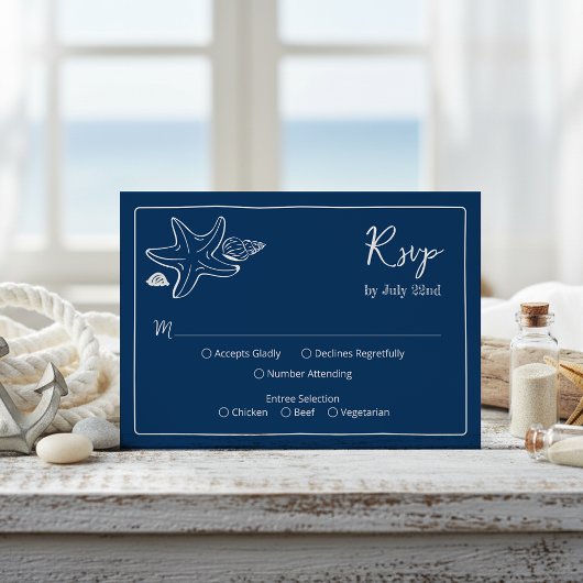 Cartons Réponse Coastal Blues Seashells & Script Wedding RSV